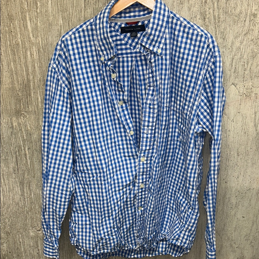Tommy Hilfiger Blue and White Gingham Long Sleeve Shirt Large
